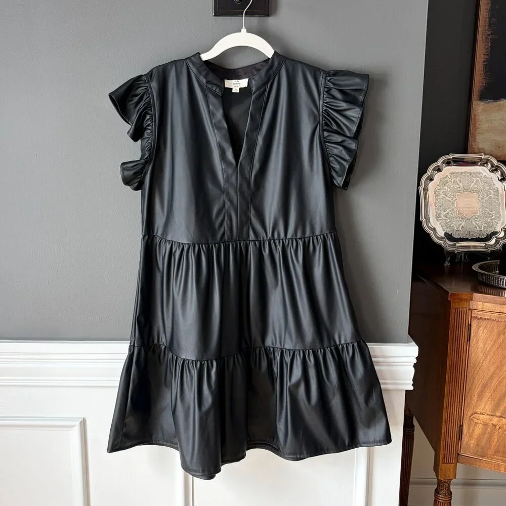 Entro Black Faux Leather Tiered Ruffle Sleeve V-neck Mini Dress Size Medium - Picture 6 of 10